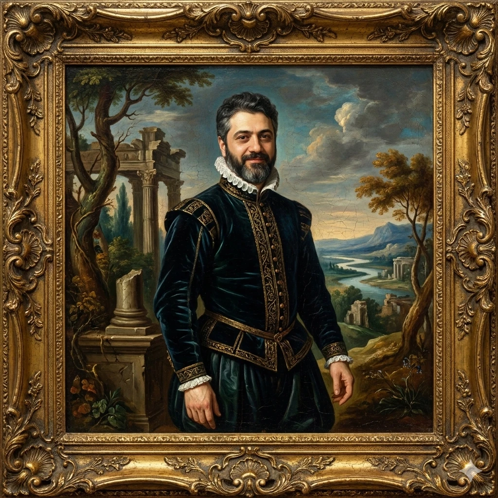 Renaissance-style oil portrait of Vahid in a gilded frame