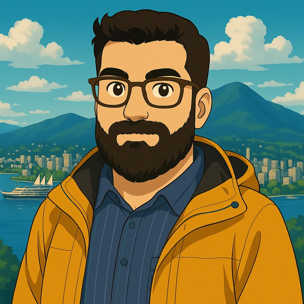 Illustrated portrait of Vahid in a yellow jacket with Vancouver behind him